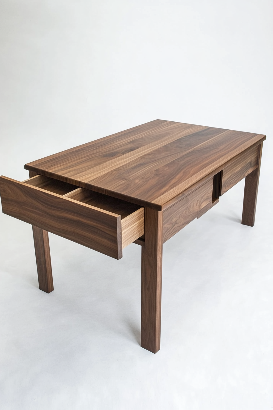 Hidden compartment dining table. Convertible coffee-to-dining table in walnut finish.