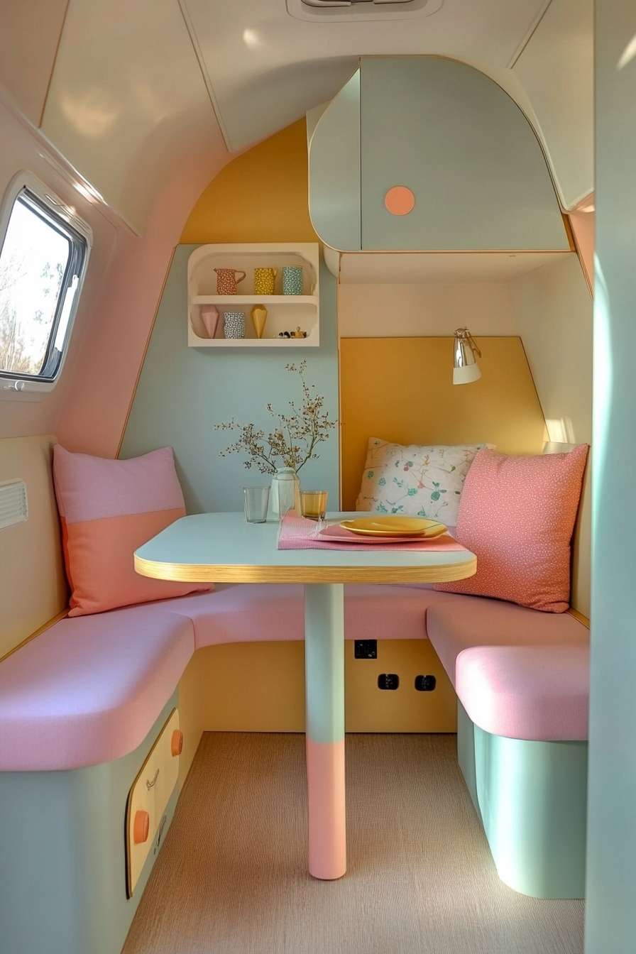 Fall RV decor. Bauhaus-inspired modular furniture in pastel hues.