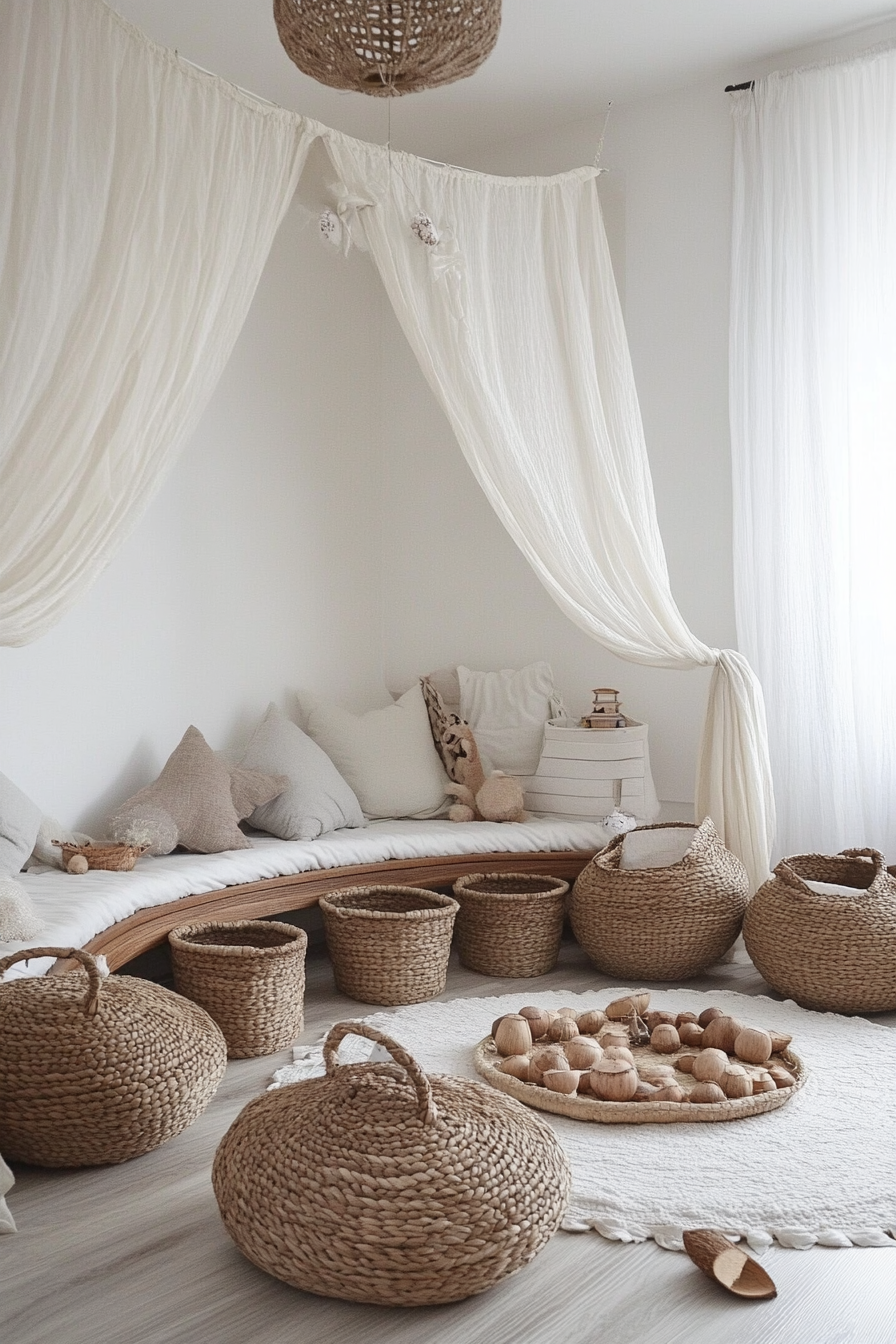 Dreamy play area. Silk canopy with neutral-tone woven baskets filled with coconut shell toys.