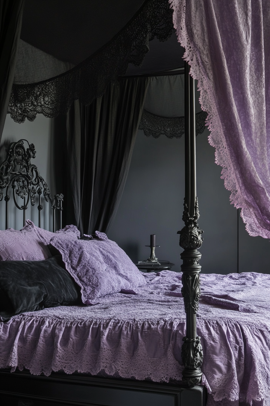 Gothic-Pastel Bedroom. Black canopy bed with lilac lace curtains.