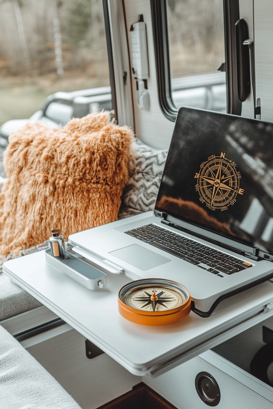 Remote Work Camper Interior. Orange navigational compass on a white foldable laptop table.