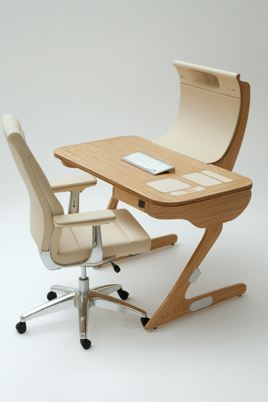 Mobile workspace design. Bamboo desk with beige ergonomic chair.