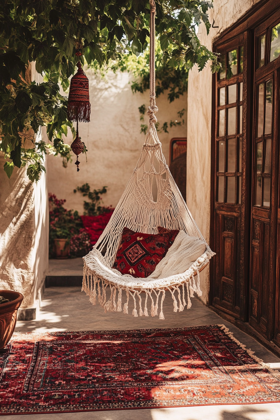 Bohemian patio. Ivory macramé hanging chair with deep red layered Kilim rugs.