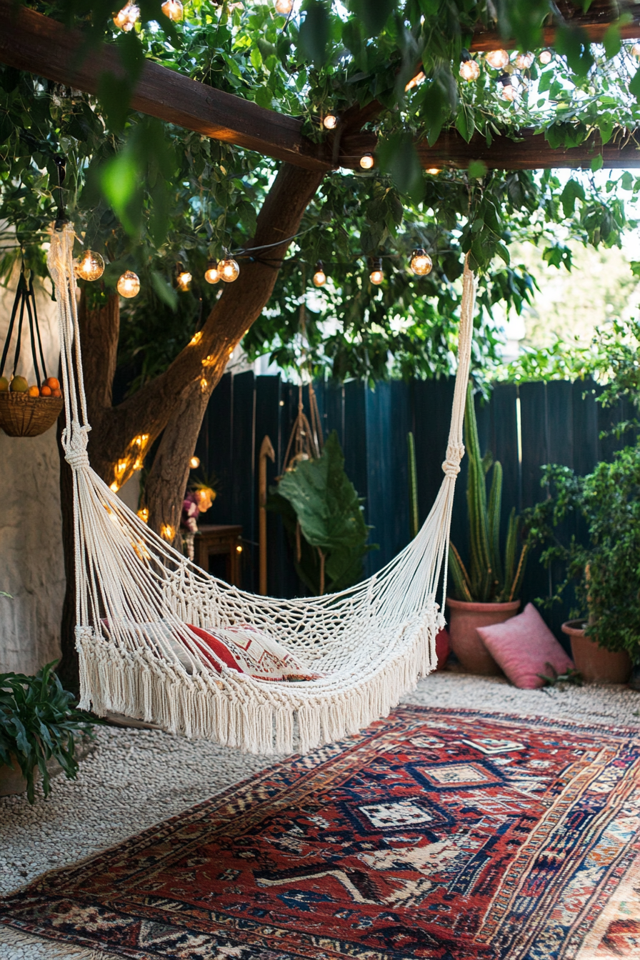 Bohemian patio. White macramé hanging chair, multicolored kilim rugs, festoon lighting.