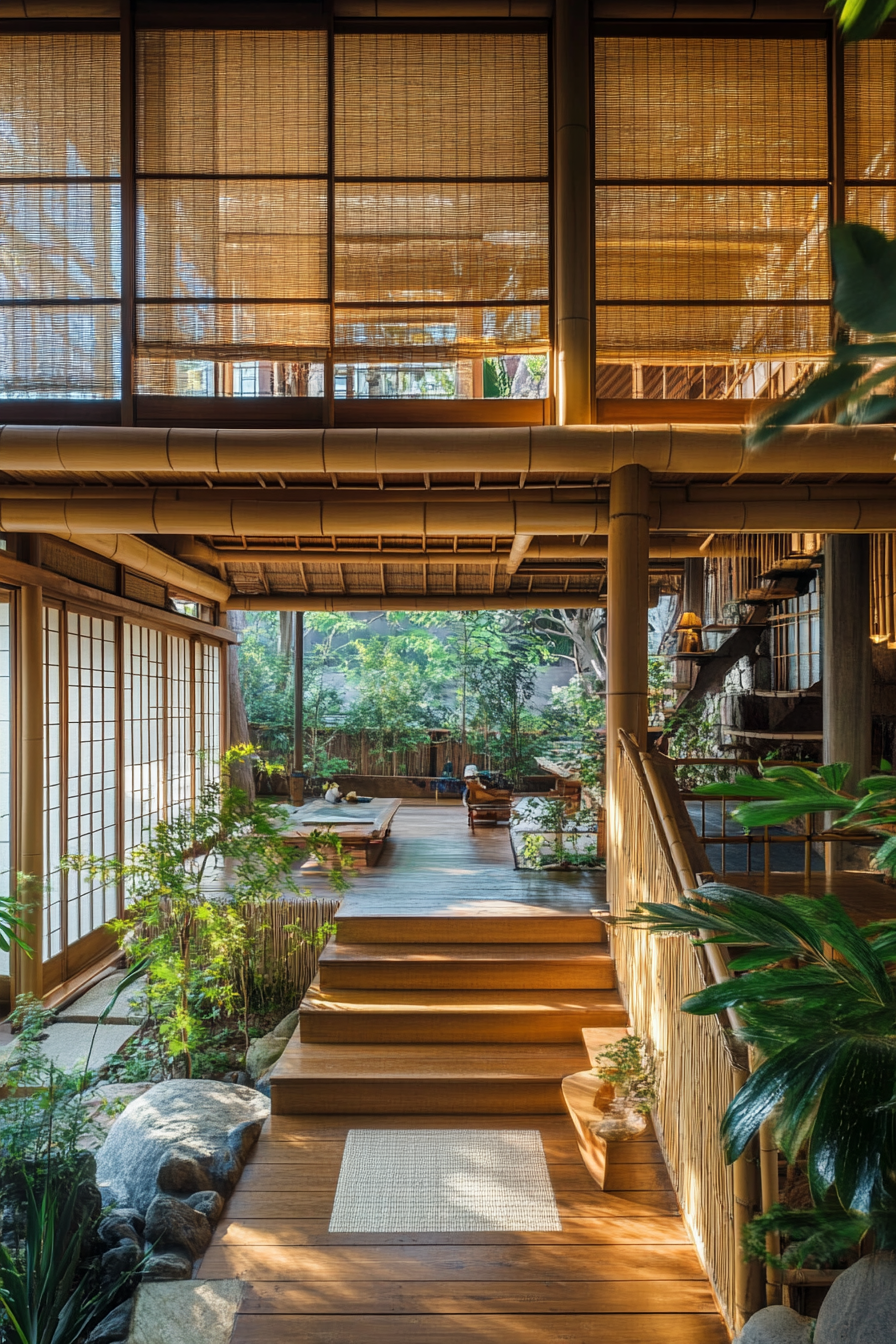 Elevated platform. Bamboo structure with rice paper sliding shoji screens.