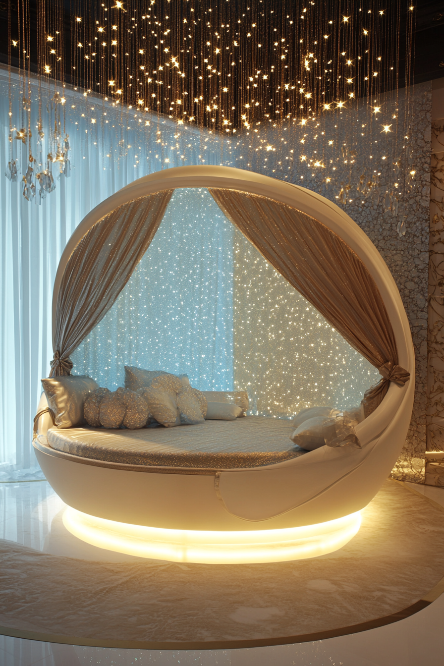 Celestial sleep space concept. Retractable starry roof and white circular bed.