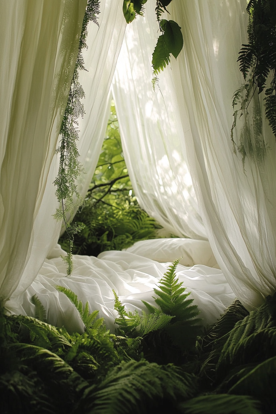 Sleeping nook. White mosquito net drapes and lush green fern.