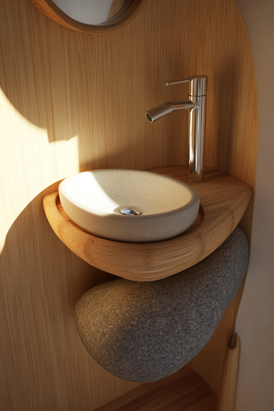 Tiny eco-bathroom concept. Bamboo sink built on smooth river rock seine.