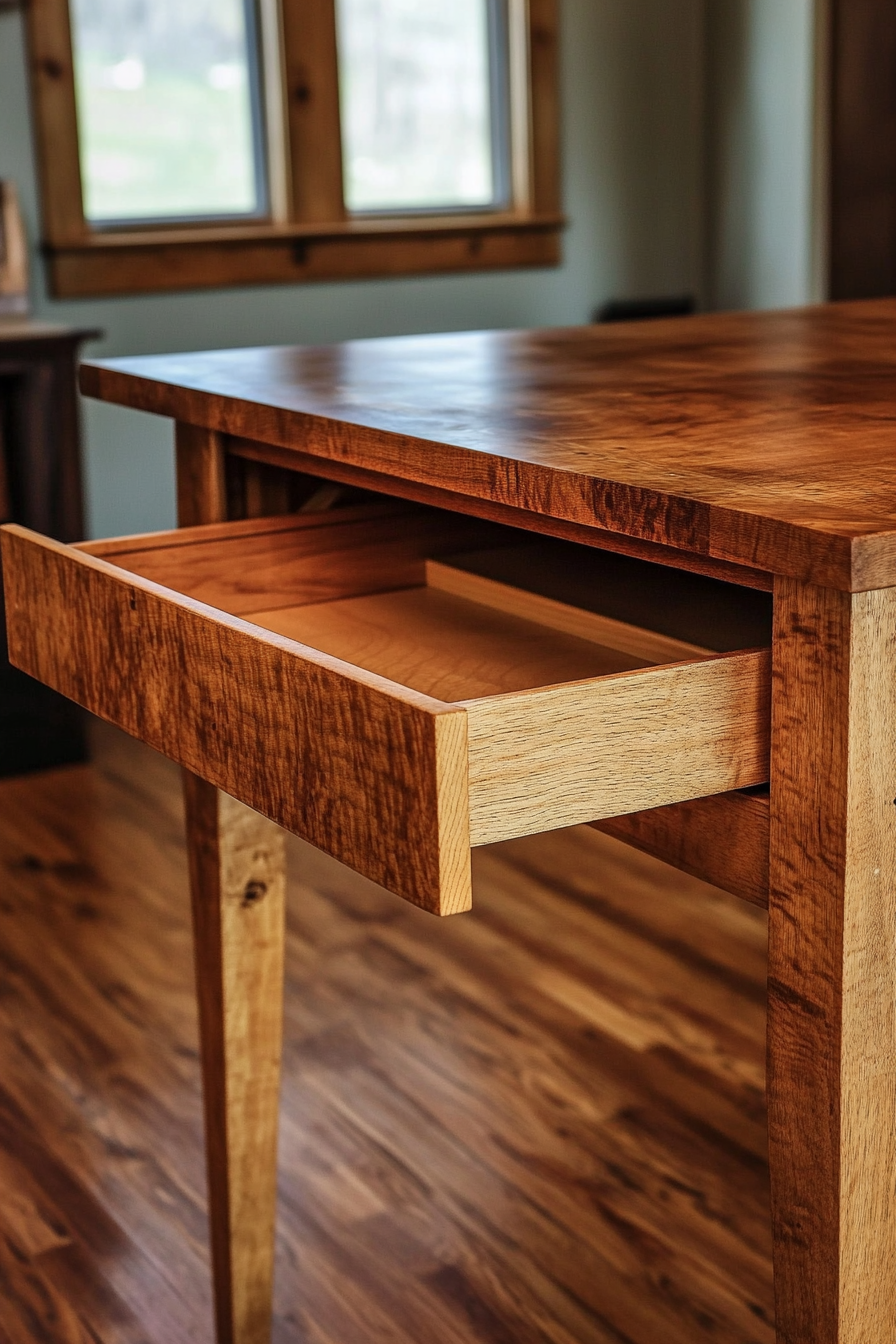 Hidden compartment dining table. Compact Counter-height table with concealed drawer.