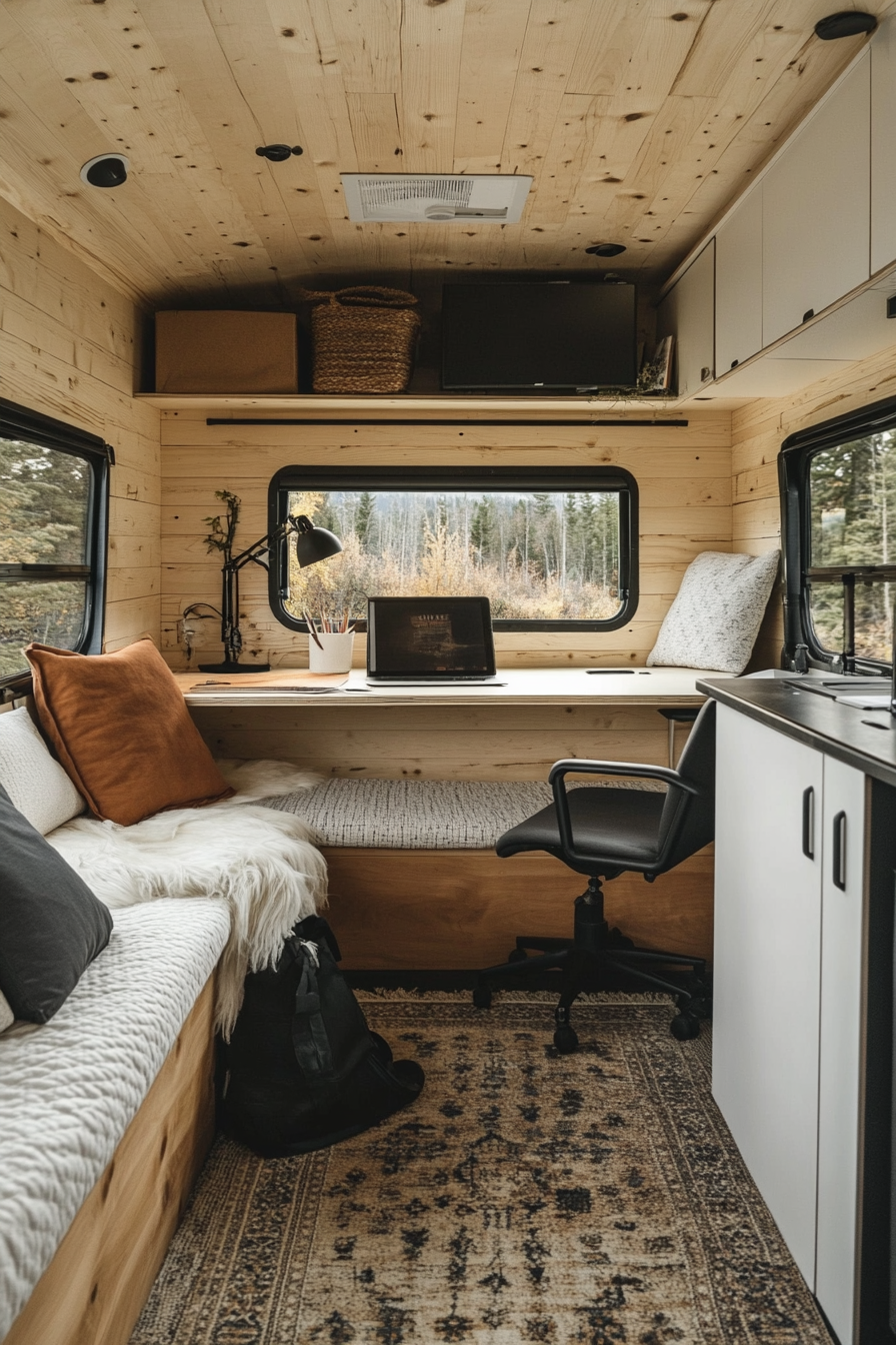 Remote work camper interior. Plywood office corner with sleek, white furnishings.