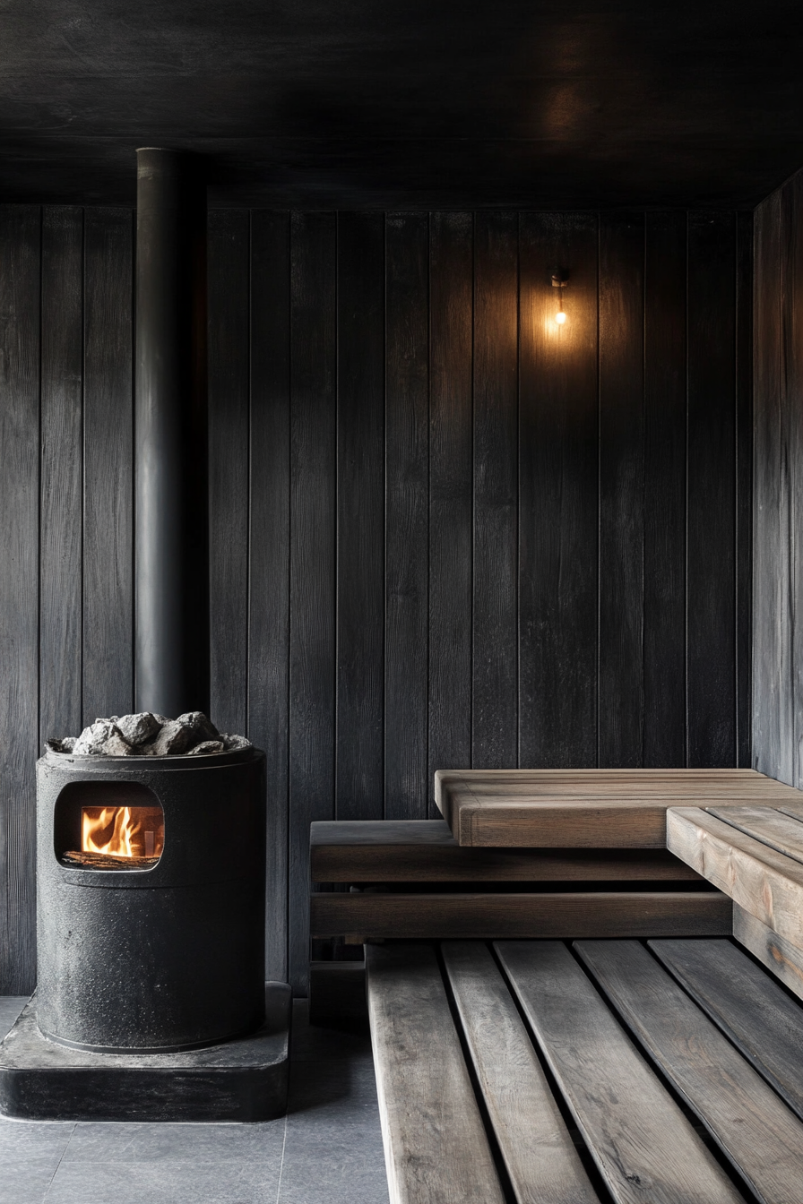 Sauna room design. Black iron wood-burning stove, oak tiered benches.