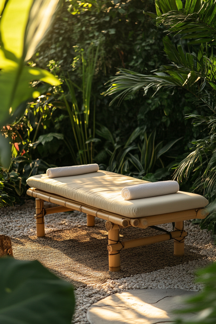 Outdoor massage table. Made of sustainable bamboo with a plush, natural-colored cushion.