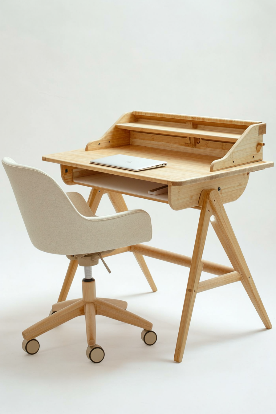 Compact workspace idea. Bamboo desk partnered with beige wheeled chair.