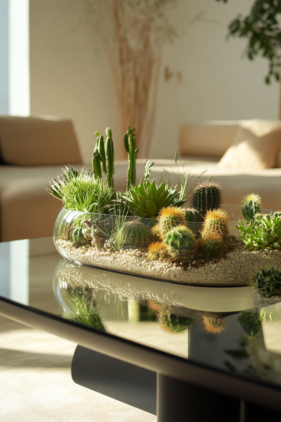 Space interior. Glass terrarium filled with cacti on a modular coffee table.