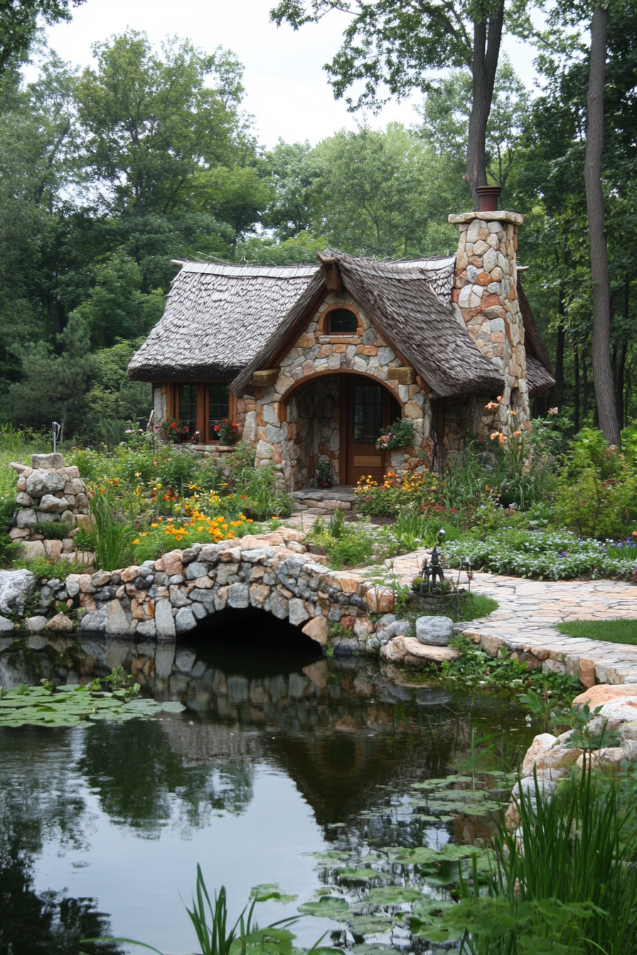 Micro home design. Thatched roof, asymmetric stone bridge, pond, and a crooked chimney.