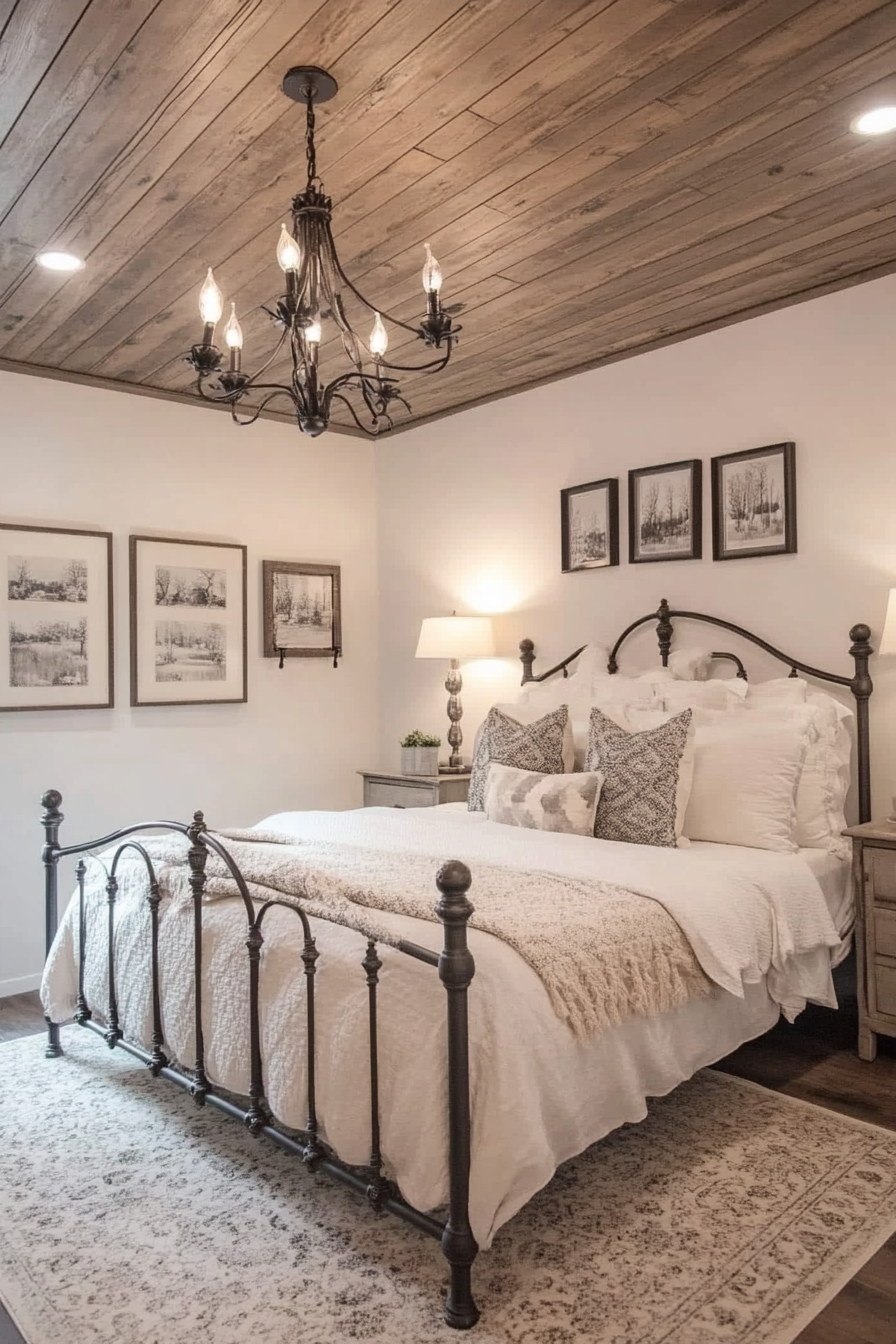 Rustic-Chic Bedroom. Shiplap ceiling, chandalier, and iron bedframe with cream linens.