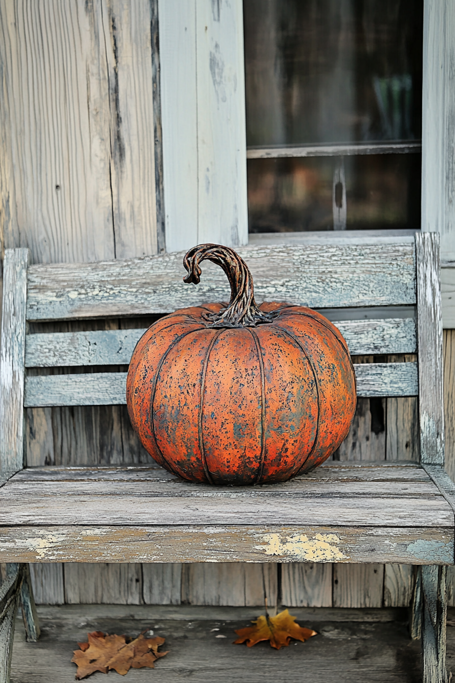 Fall porch. Rustic metal pumpkin sculpture on a weathered wooden bench.