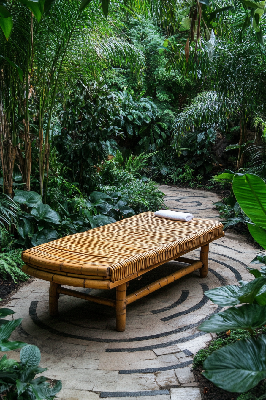 Outdoor massage table. Bamboo material, surrounded by tropical plants. Meditation labyrinth layout. Traditional seven-circuit design.