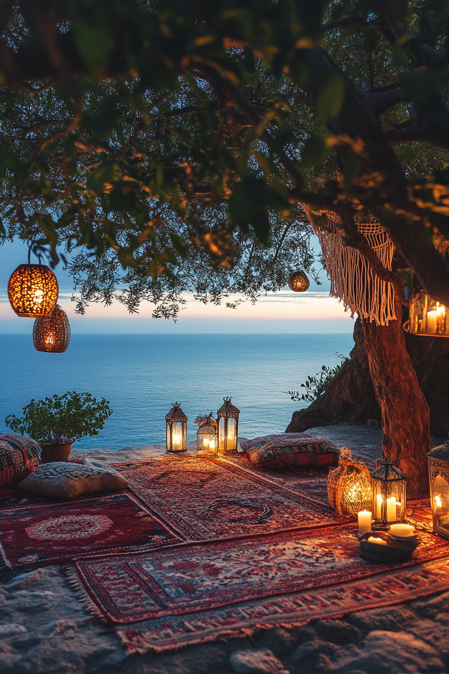 Bohemian Patio. Lantern-lit with vibrant, delicately woven kilim rugs and macramé canopies.