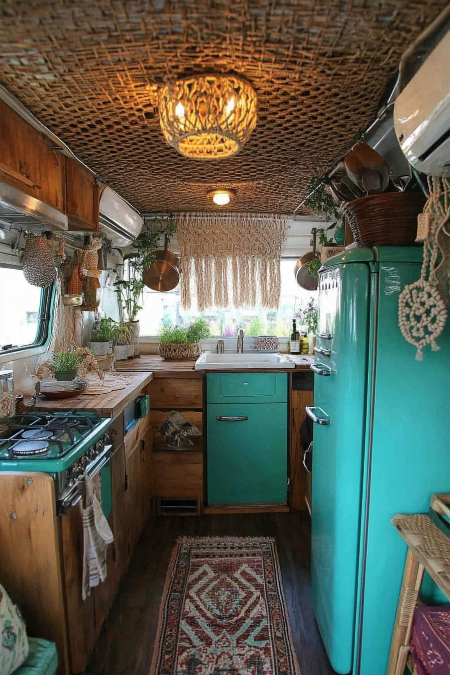 Bohemian camper kitchen. Macramé hangings and rattan ceiling near turquoise fridge.