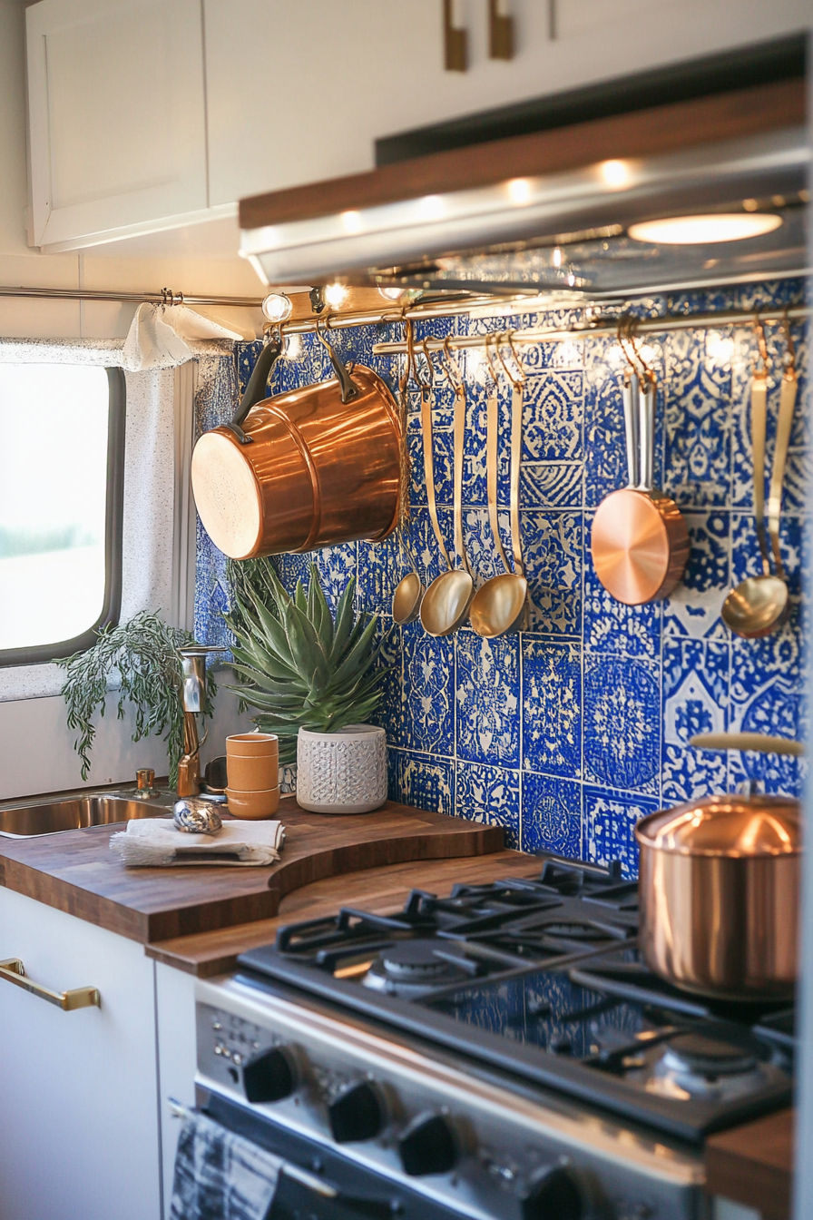 Tiny cooking space. Royal blue Moroccan backsplash tiles, copper hanging pots.