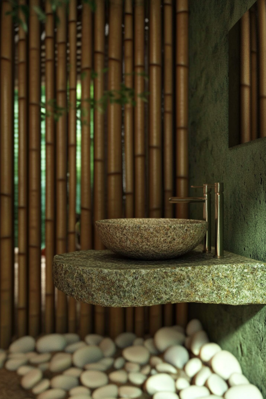 Eco-Bathroom Concept. Tiny space, vertical bamboo details, river rock sink.