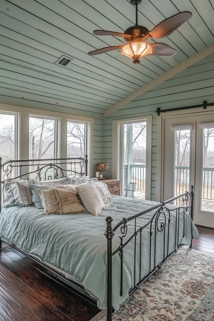 Rustic-chic bedroom. Shiplap ceiling, iron bed frame, duck egg blue comforter.