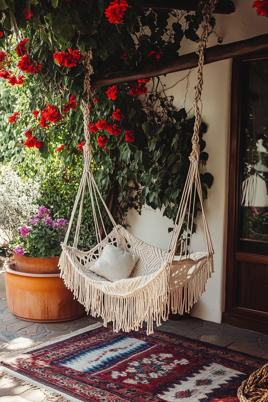 Bohemian patio. Macramé hanging chair under flowering ivy canopy on kilim rug.