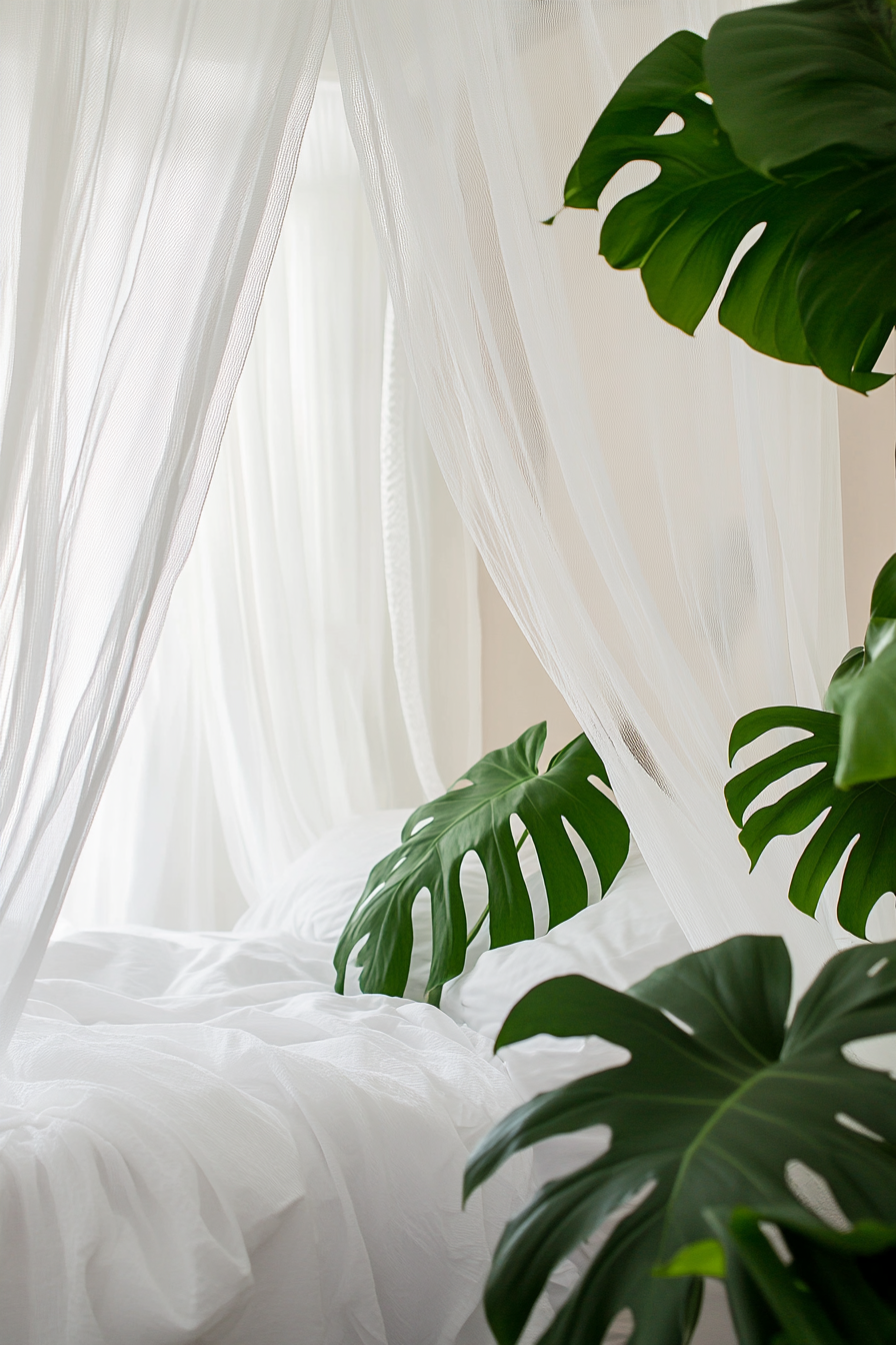 Sleeping nook. White mosquito net drapes and vivid monstera plant.