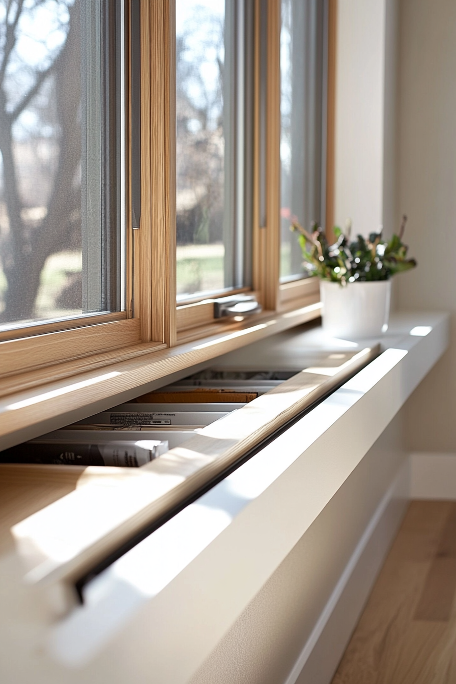 Window alcove concept. Floating bench with hidden roll-out storage bins.