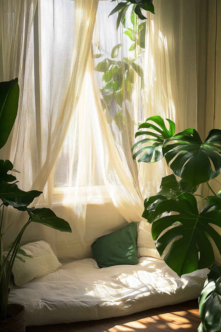 Sleeping nook. Mosquito net drapes and monstera plant.