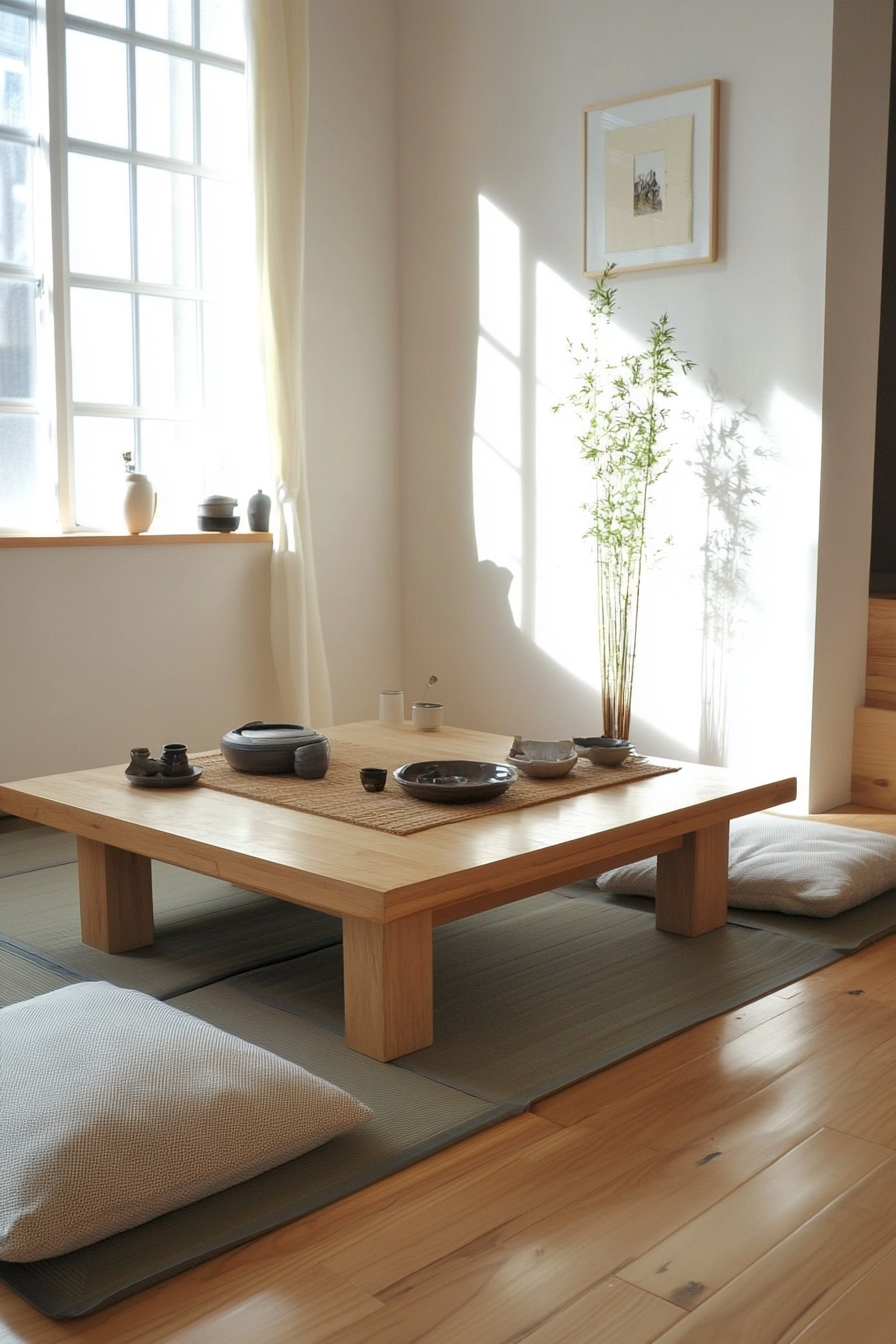 Meditative micro space. Pewter-green tatami mat, bleached teak low dining table, off-white throw cushions.