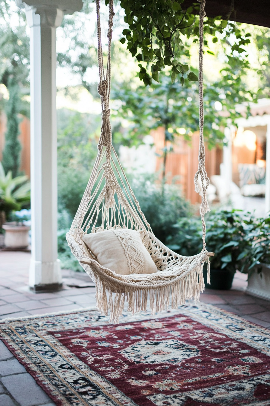 Bohemian patio. Macramé hanging chair with maroon kilim rug.