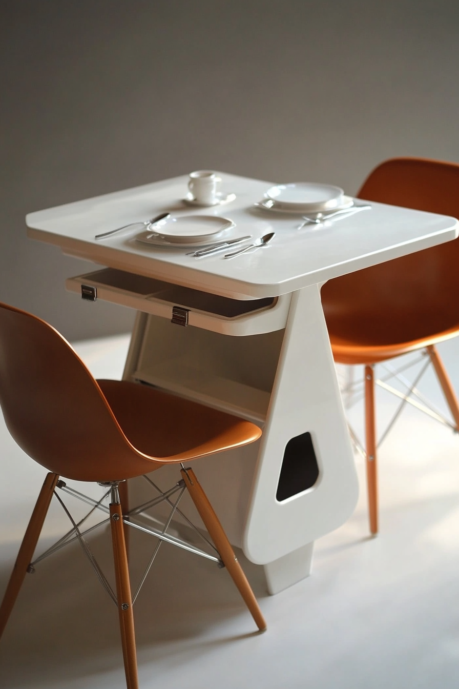 Dining table for small spaces. White square-shaped with lower shelf hideaway compartment.