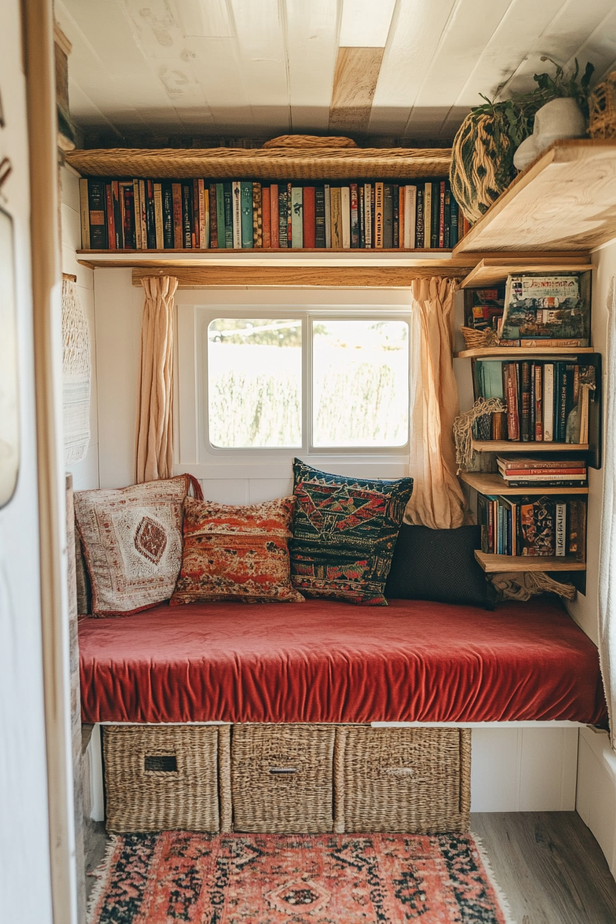 Bohemian tiny home design. Velvet daybed beside a rattan bookshelf.