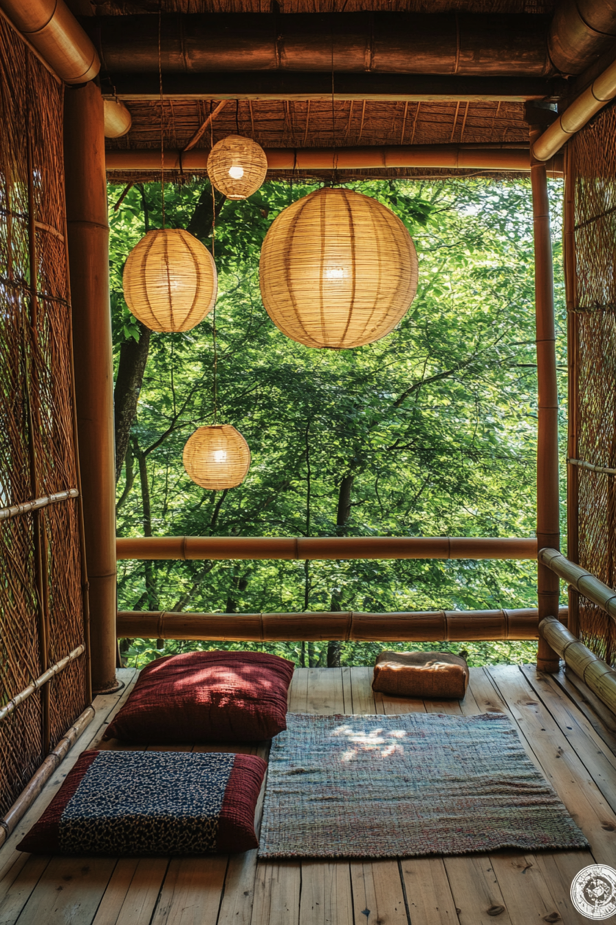 Elevated platform Zen camp. Bamboo sliding Shoji screens, hanging paper lanterns.