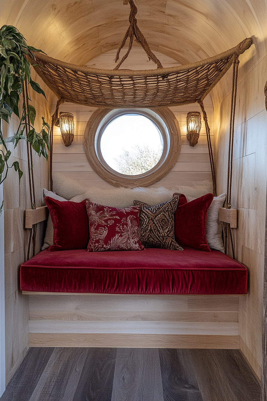 Bohemian tiny home upper level design. Velvet seating with rattan ceiling-suspended bed.