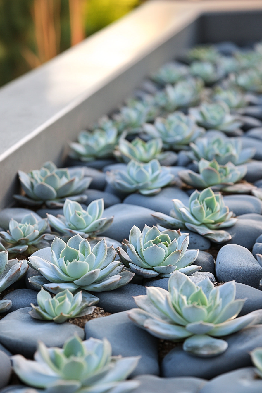 Tiny house roof terrace layout. Gridded pattern of grey Echeveria succulents.