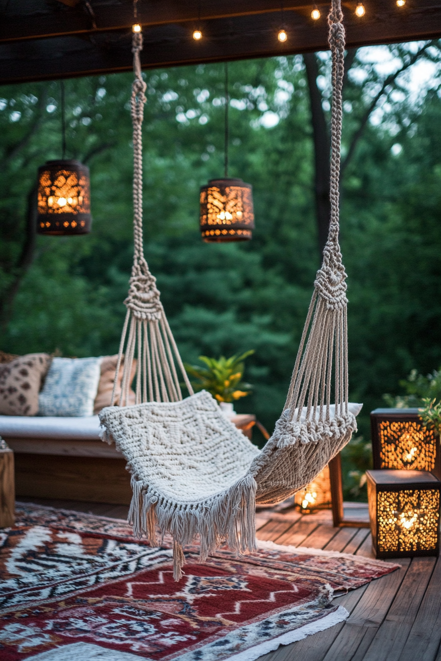 Bohemian patio. Macramé hanging chair, backlit lanterns, layered kilim rugs.