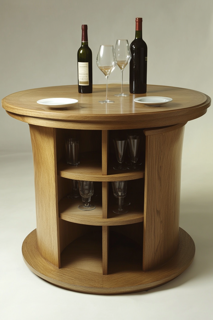 Hidden compartment dining table. Compact, round, with shelving underneath.