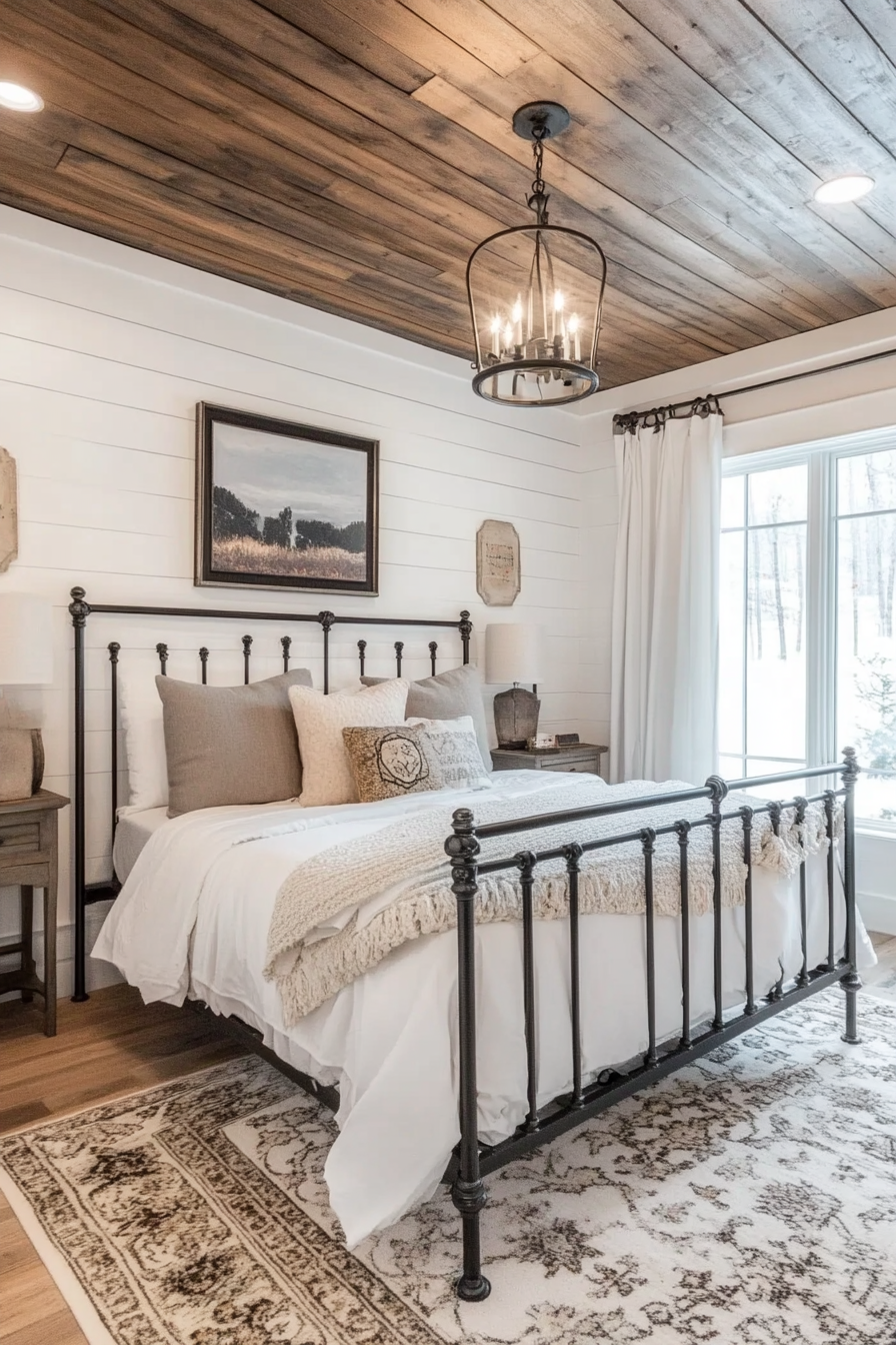 Rustic-chic bedroom. White shiplap ceiling and antique iron bed frame.