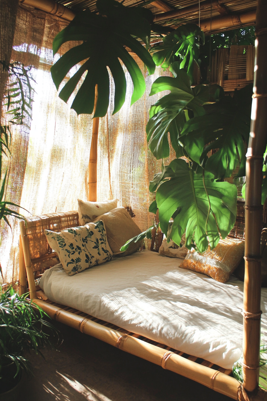 Sleeping nook. Mosquito net drapes and bamboo bed with giant monstera plants.