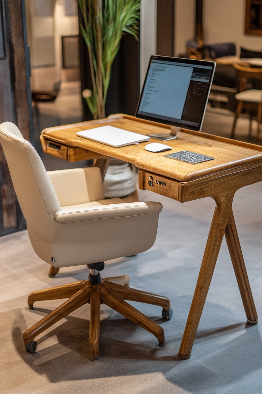 Mobile workspace design. Bamboo desk with ivory ergonomic chair.