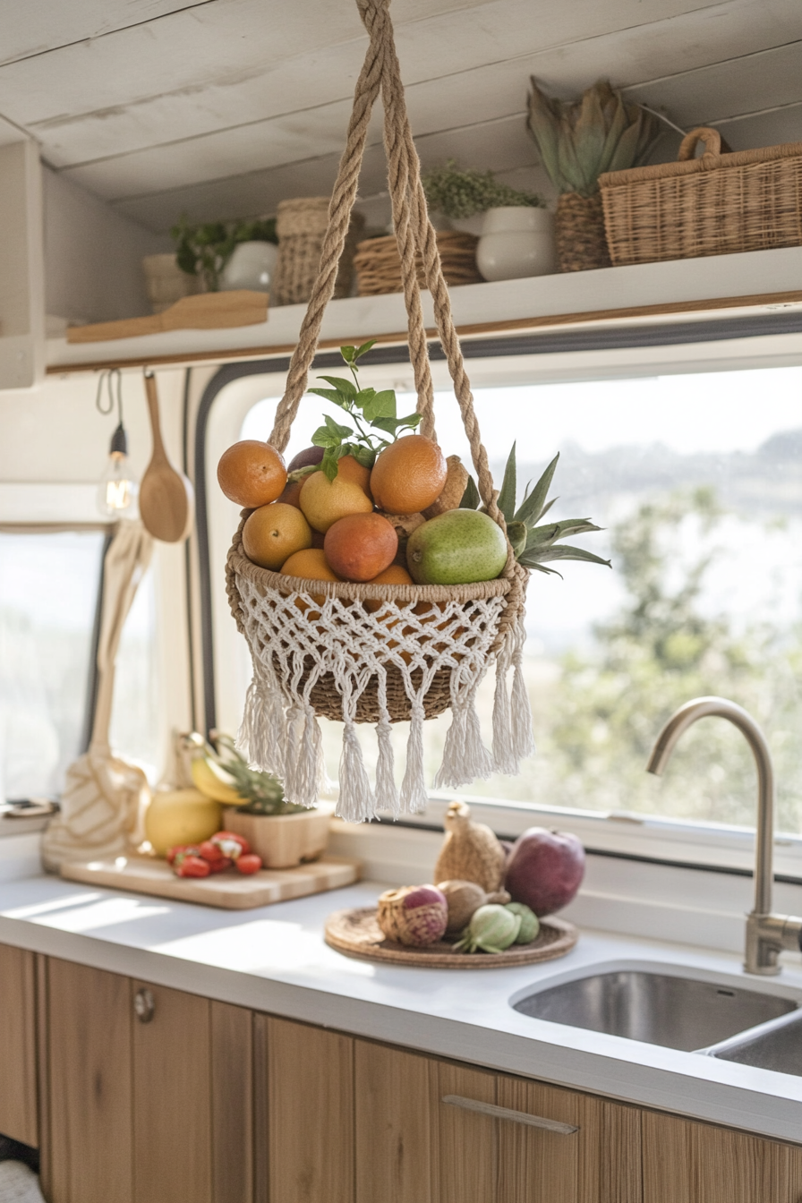 Bohemian camper kitchen. Hanging macramé fruit basket with rattan cabinets.