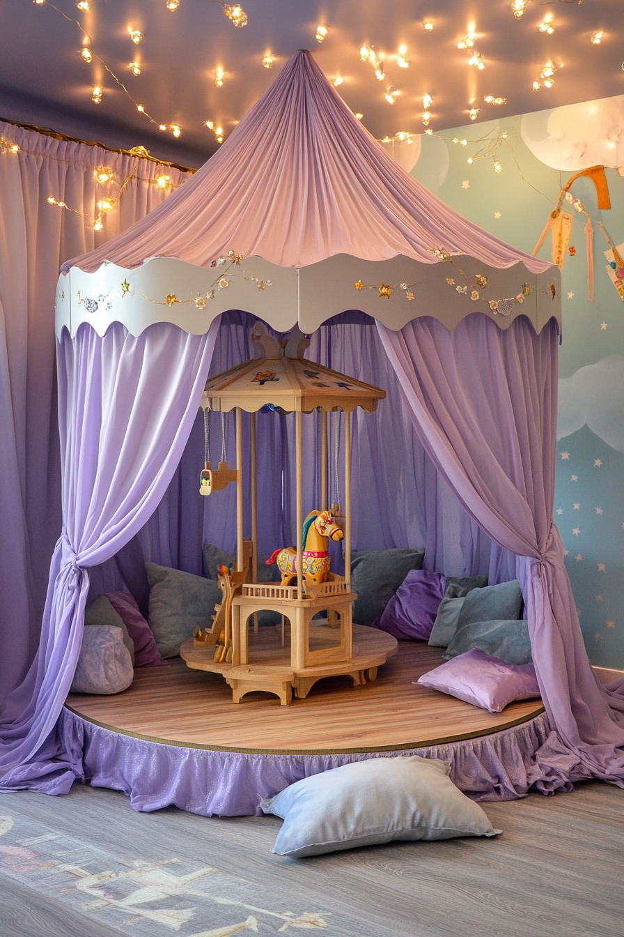 Play area. Silk canopy in lavender with wooden toy carousel.