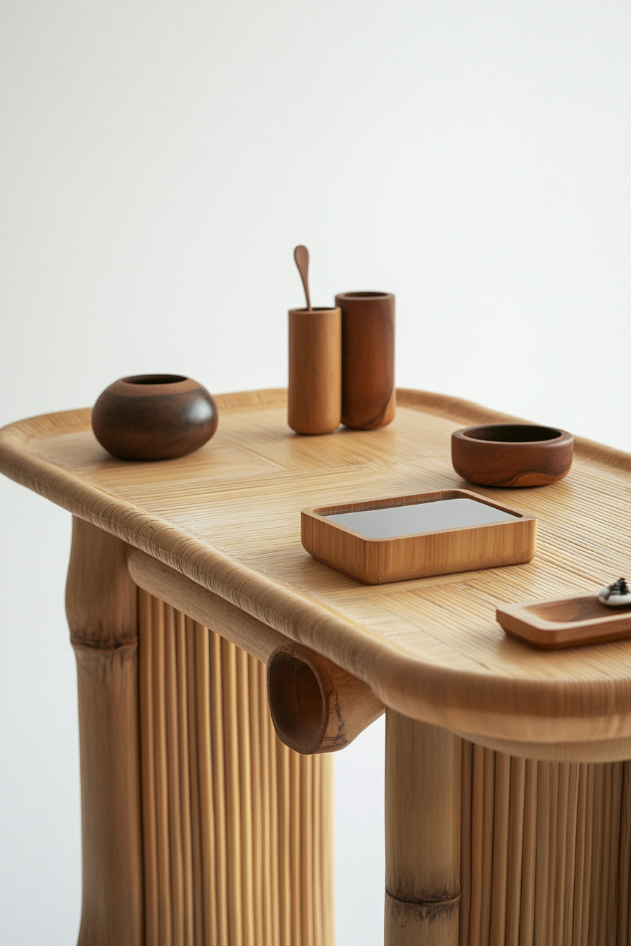 Mobile workspace design. Minimalist bamboo furniture with earth-toned accessories.