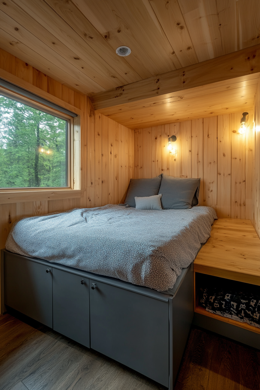 Minimalist tiny house bedroom. Wall-mounted wooden nightstands, grey hidden storage bed.