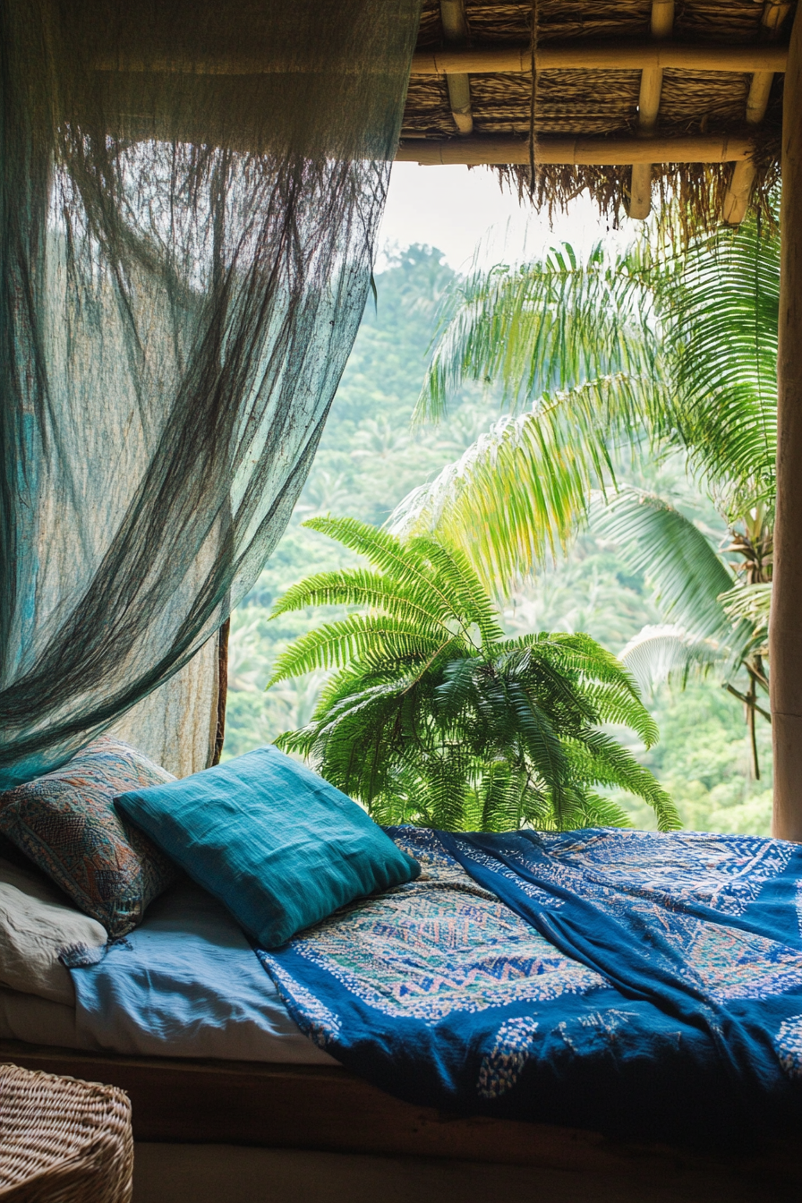 Sleeping nook. Mosquito net drapes surrounding artistically arranged tropical ferns.