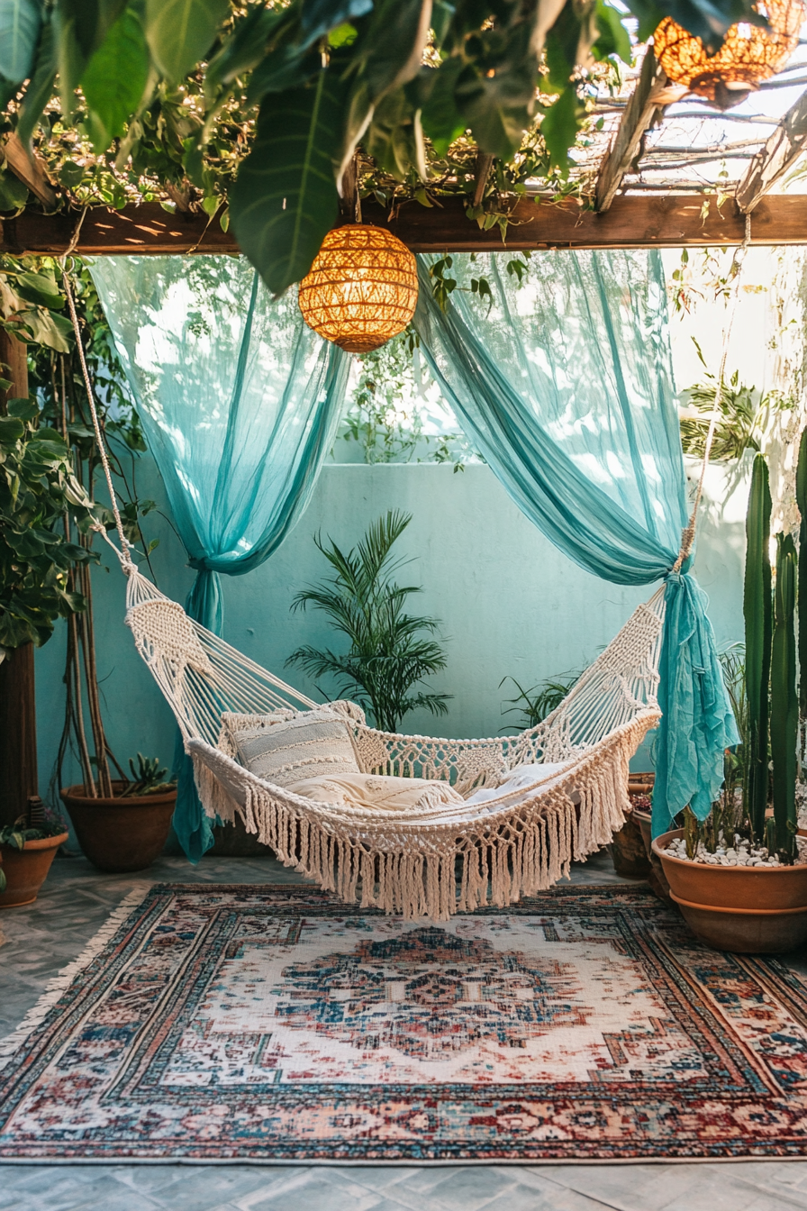 Bohemian patio. Macramé hanging chair under an aqua canopy on layered Kilim rug.