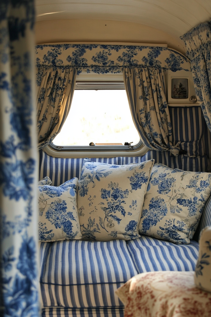 Camper design. Chintz curtains and striped blue and white upholstery.